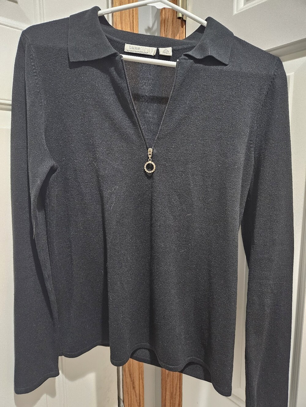 Luxe Black Quarter-Zip Polo Sweater Knit  Crystal Ring Pull Long Sleeve  Size M